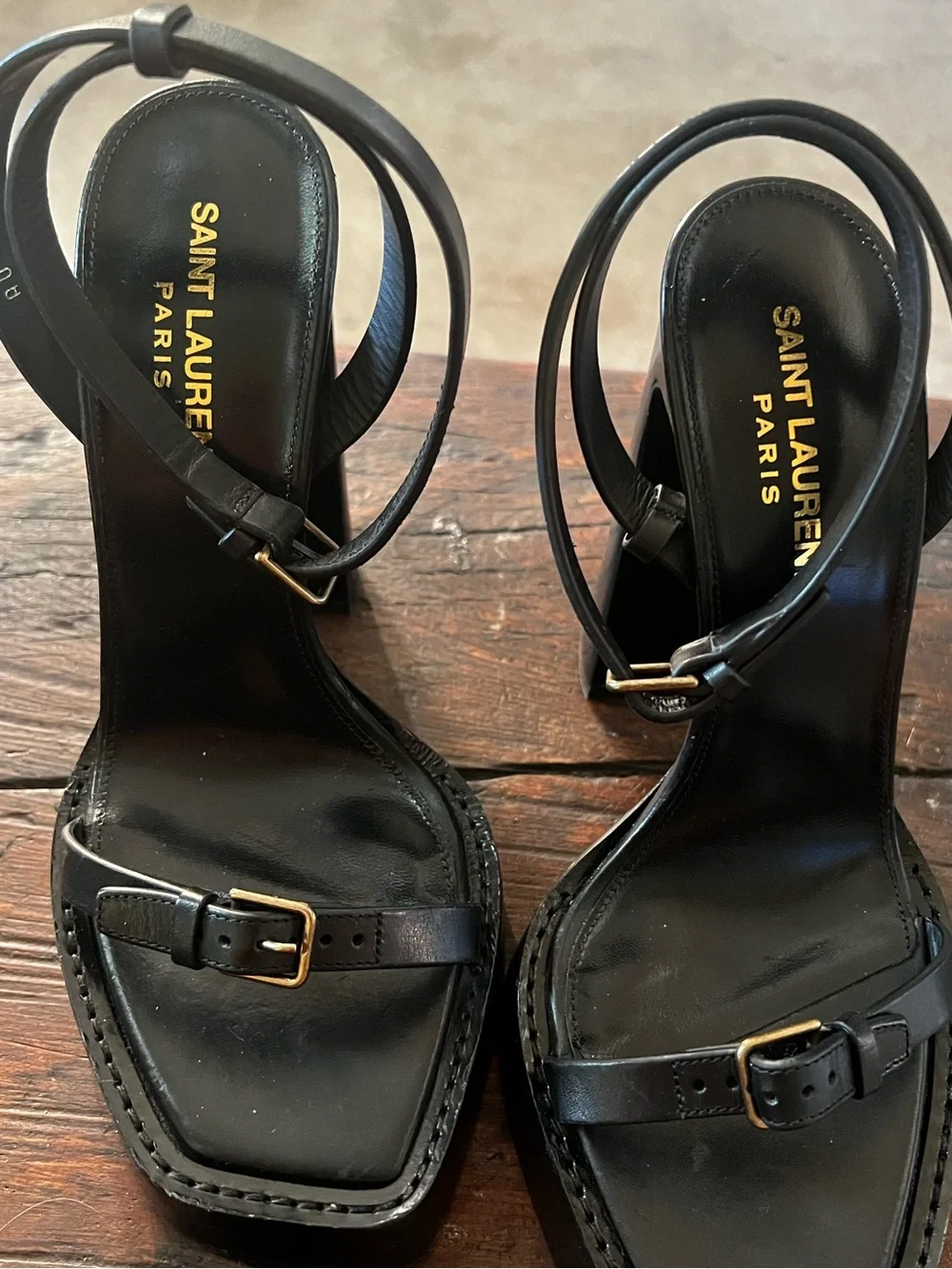 Saint Laurent Platz 105 Black Platform Sandals with Ankle Strap